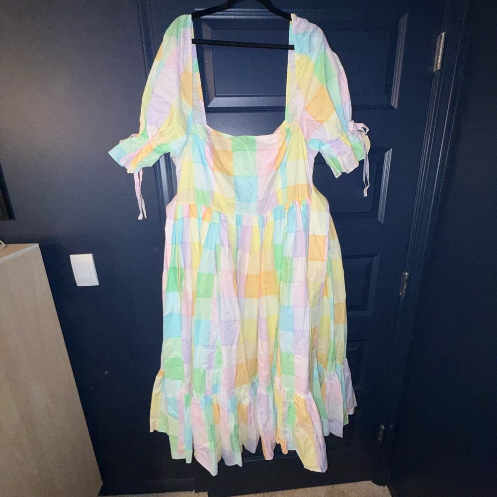 Selkie Pastel Patchwork Midi Dress in Yellow, Pink, Green, Blue, Lavender